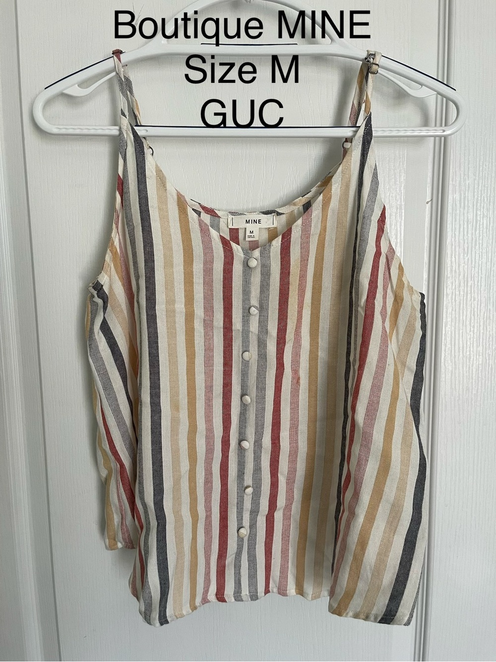 MINE Striped Button-Front Tank Top Camisole in Cream, Tan, Rust & Gray
